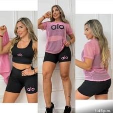 ALO Women's Pink T-Shirt, Black Sports Bra  Shorts Set, Mesh, Athletic Fit