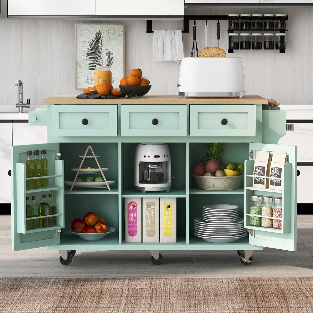 Kitchen Cart W Rubber Wood Drop Leaf Countertop Storage Cabinet 3 Drawers