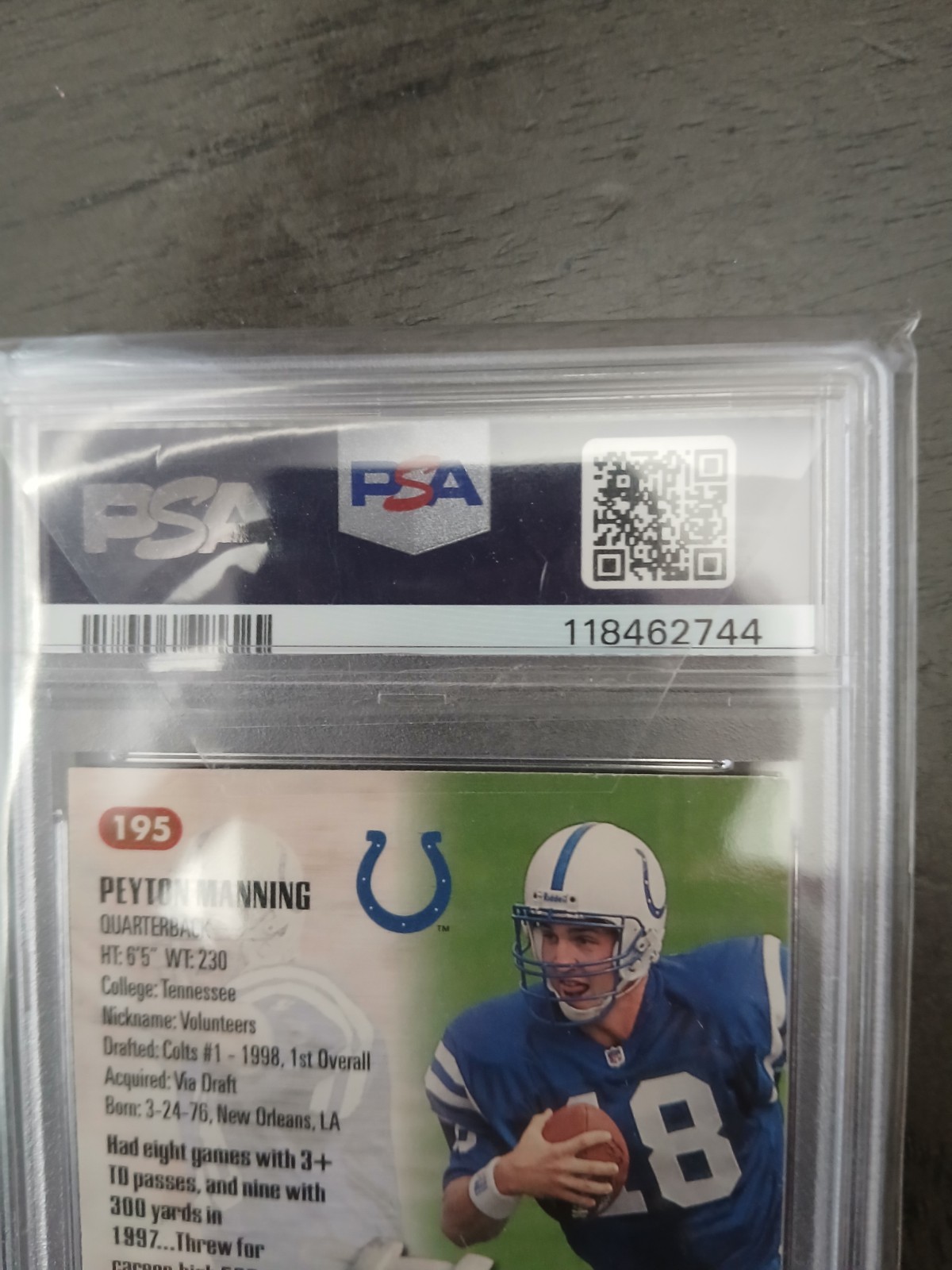 1998 Topps Stadium Club - 1998 NFL Draft Pick Peyton Manning #195 psa 9 view 2