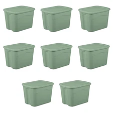 Sterilite 18 Gallon Plastic Storage Bin with Snap-on Lid, Green, 8 Count