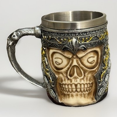Fantasy Skull Bone Mug Stainless Steel Liner Gothic Tankard Drinkware Used