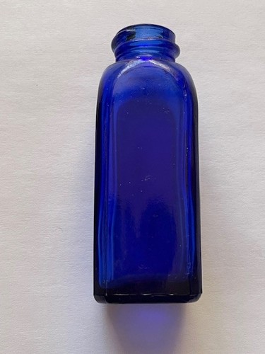 Cobalt Blue Glass Bottle Rectang Rounded Corners 2.5” Tall, “M” in Circle No Lid