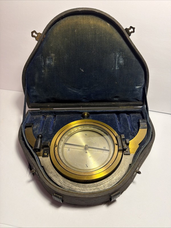 Antique Brass Surveyors Compass 4” Dial In Original Case