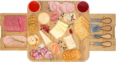 Bambus Käsebrett Wurstwaren Serviertablett mit Schublade Messer Set Geschenk groß
