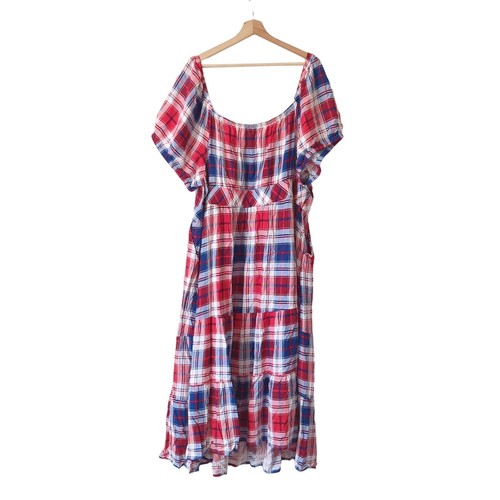 Torrid Midikleid kariert rot blau weiß Damen 4 4X neu ohne Etikett Stufen Puffärmel USA