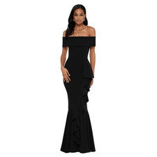 NWT Betsy  Adam Carina Black Gown 4 Off Shoulder Ruffle Formal Prom MOB Wedding
