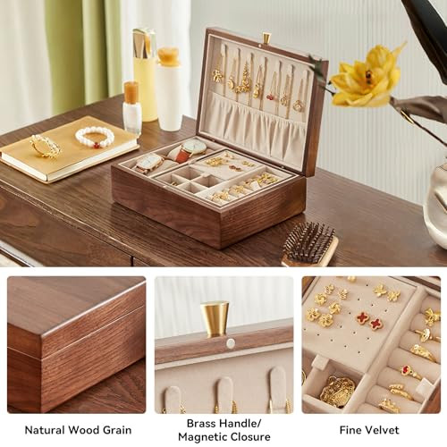 Black Walnut Wooden Jewelry Box for Women 2 Layer Jewelry Organizer with - Picture 7 of 7