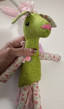 Handmade Tiddlywinks Plush Pink  Green Horse 11" Cotton Sewn Eyes