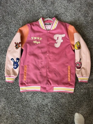 THEORYWEAR MENS FNAF Varsity Fleece Jacket XL Pink Embroidered Patch Pockets image 2