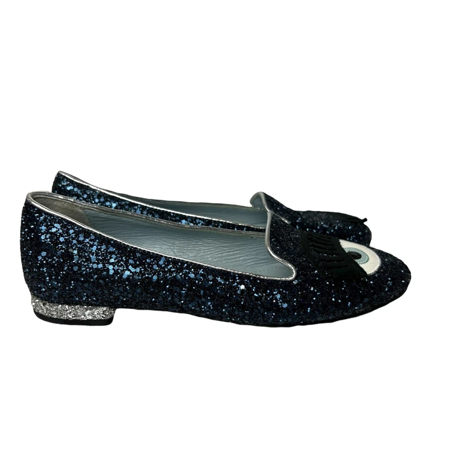 Chiara Ferragni Blue Silver Glitter Flirting Eye Winking Eye Slip-On Flats - Image 3 of 4