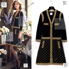 CHANEL 15A Black Yellow Gold Silk Cashmere Mohair Knit Cardigan Dress 34 36