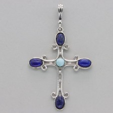 Blue LAPIS LAZULI and Larimar Cross Pendant 925 STERLING SILVER Gemstone 902e