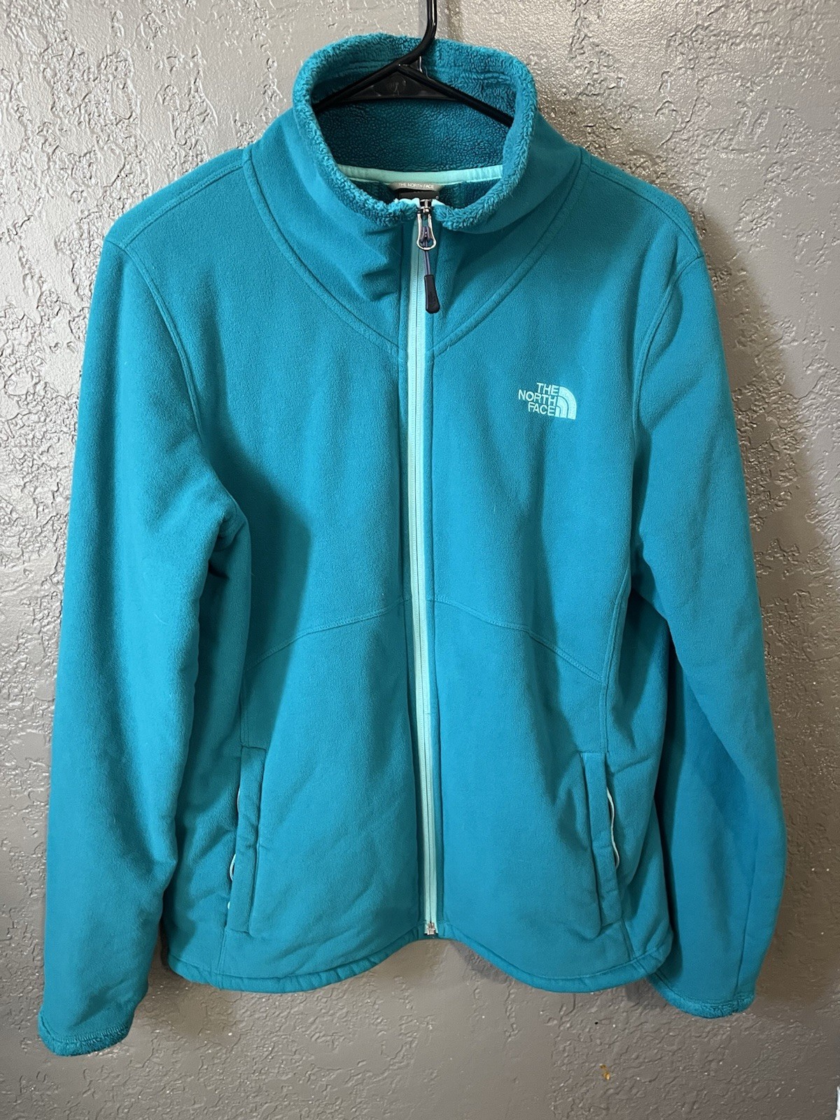 The North Face Teal Knit Fleece Full Zip Stand Collar Outdoor Jacket Women Sz L
