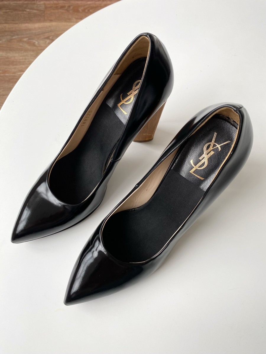 Yves Saint Laurent YSL Black Leather Pointed Toe Wood Hells