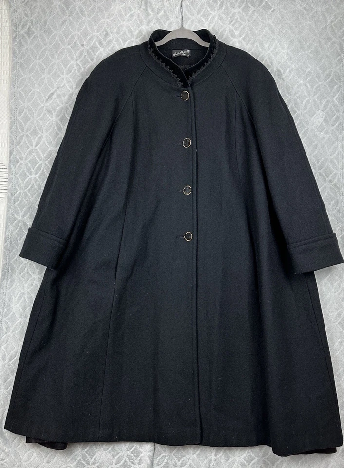 Vtg 80s Lady Suzette Wool Swing Coat Women 3/4XL Velvet Trim USA Retro 30s 40s - Image 3 of 4