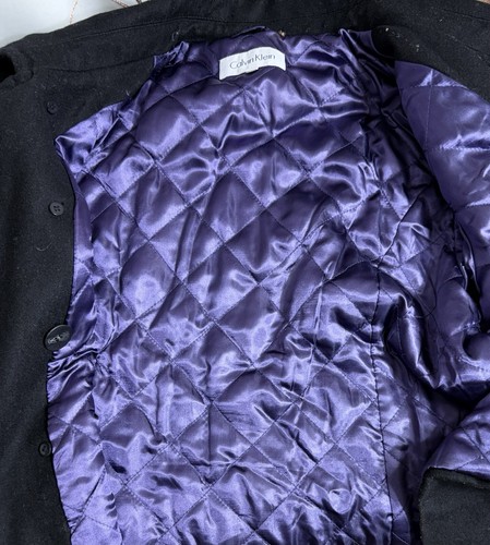Calvin Klein Black Wool Peacoat Coat Jacket Size 16 Double Breasted Purple Inlay - Picture 4 of 8