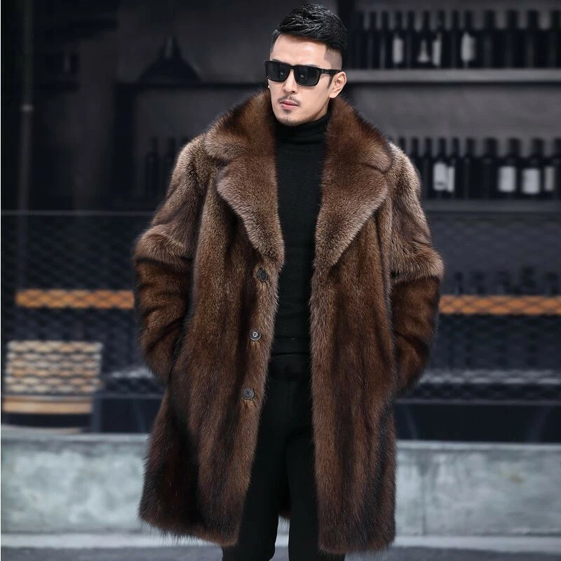 Mens Faux Fur Trench Coats Lapel Overcoat Winter Warm Jacket Mid Long Outwear