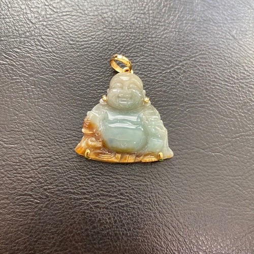 14K Solid Real Gold Natural Jadeite Jade Happy Laughing Buddha Pendant Male - 第 1/8 張圖片