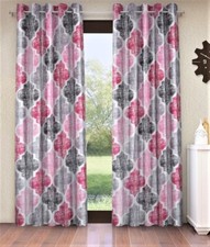 2 Pieces Moroccan Motif Eyelet Glace Cotton Window Curtains 5Ft - Pink