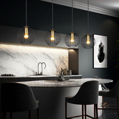 Hängelampe Pendelleuchte Esstischlampe 4x E27 messing Käfig schwarz L 100 cm