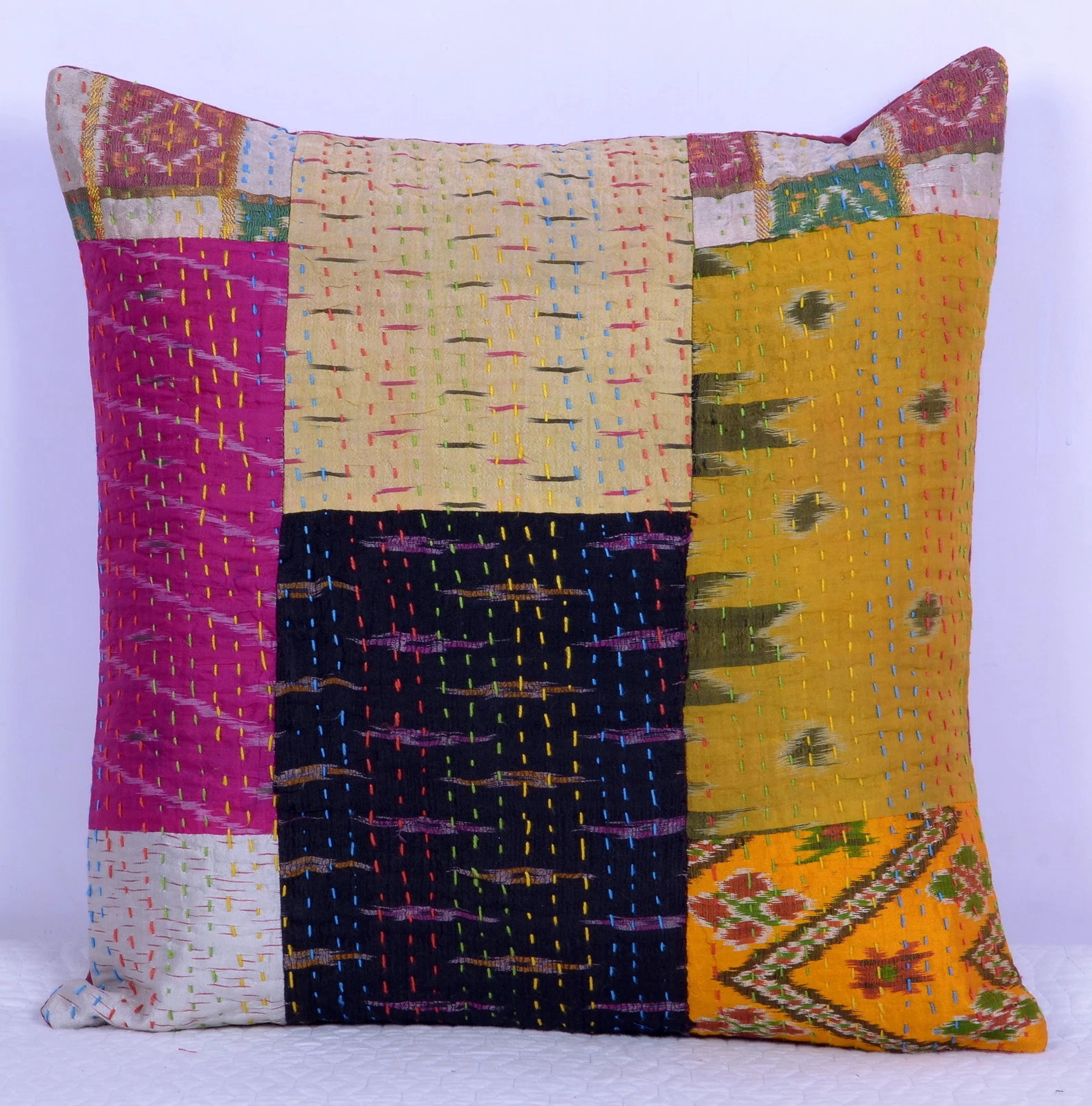 Vintage Silk Patola Sari Patchwork Cotton Throw Multicolor Kantha Cushion Cover
