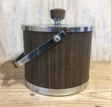 Vintage Mid Century Atapco Chrome Faux Wood Ice Bucket Barware