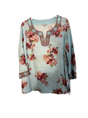 John Mark New 2X Blue Boho Embellished Beaded Embroidered Popover Tunic Top $149