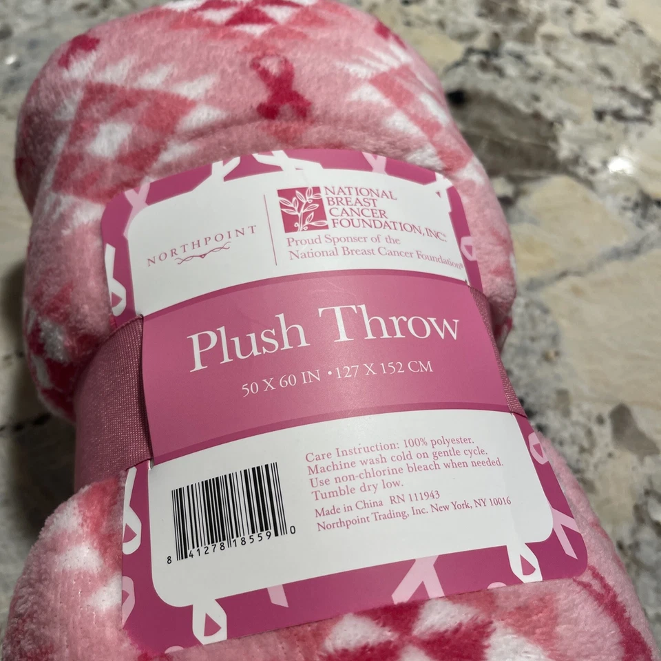 Lanzamiento de felpa para cáncer de mama de Northpoint Trading, 50" x 60", rosa y blanco, nuevo Foto 2 de 4