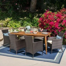 Matthew Outdoor 7 Piece Multibrown Wicker Dining Set with Teak Finish Rectangula