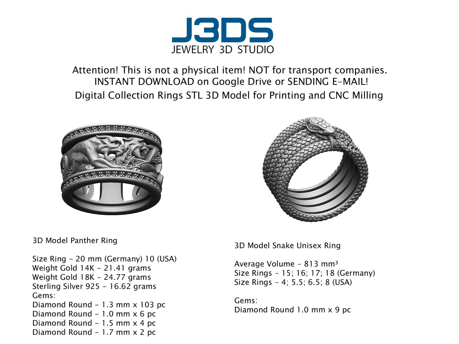 Jewelry STL 3D CAD Model Digital Collection Unisex Rings for CNC