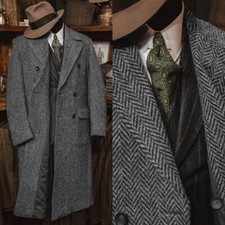 Men's Long Overcoat Lapel Double Breasted Herringbone Coats Tweed Wool Blend New