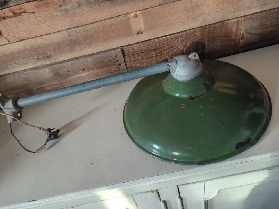 Porcelain Enamel Industrial Lights W/ Mounts Set Of Two Green And White  - Image 4 of 4