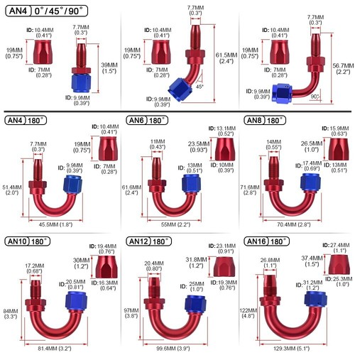2Pcs Red Oil Fuel Line Hose End Fitting Adapters Kits 180°Degree AN4 Aluminum - Picture 3 of 11