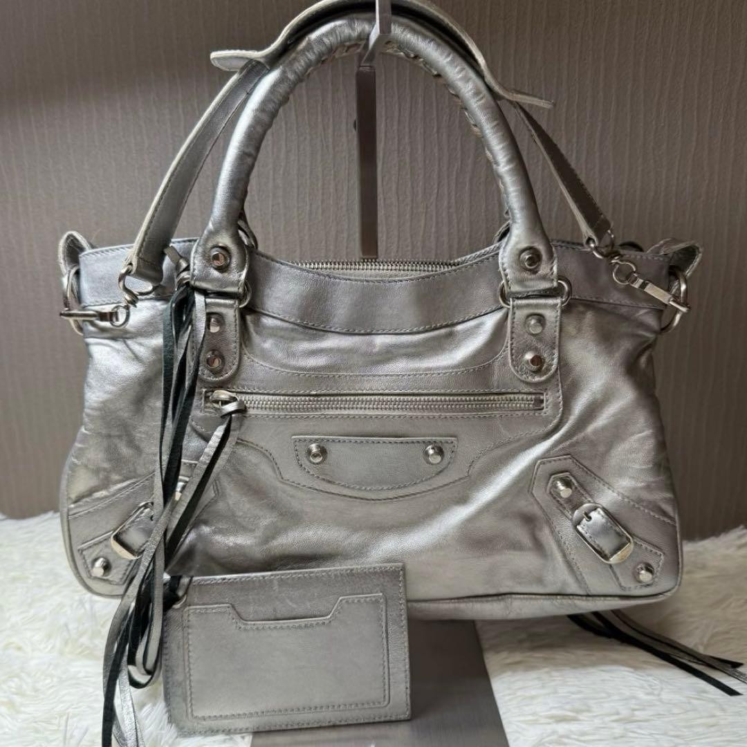 Balenciaga The First 2 Way Bag Silver Leather Womens Auth From Japan RIN