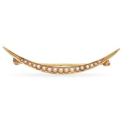 Antique Victorian 14K Yellow Gold Seed Pearl Crescent Moon Brooch