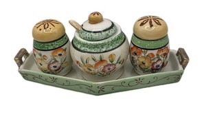 Vintage Hand Painted Japan Salt & Pepper Shakers Mustard Jar Caddy