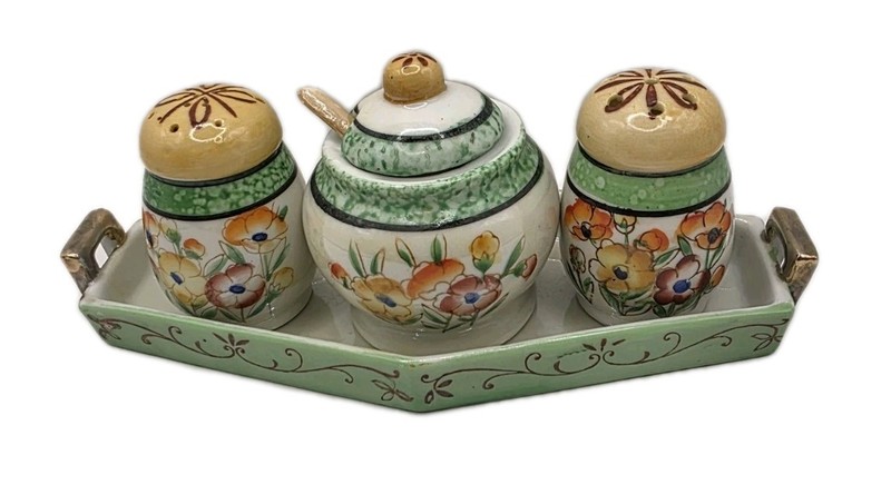 Vintage Hand Painted Japan Salt & Pepper Shakers Mustard Jar Caddy