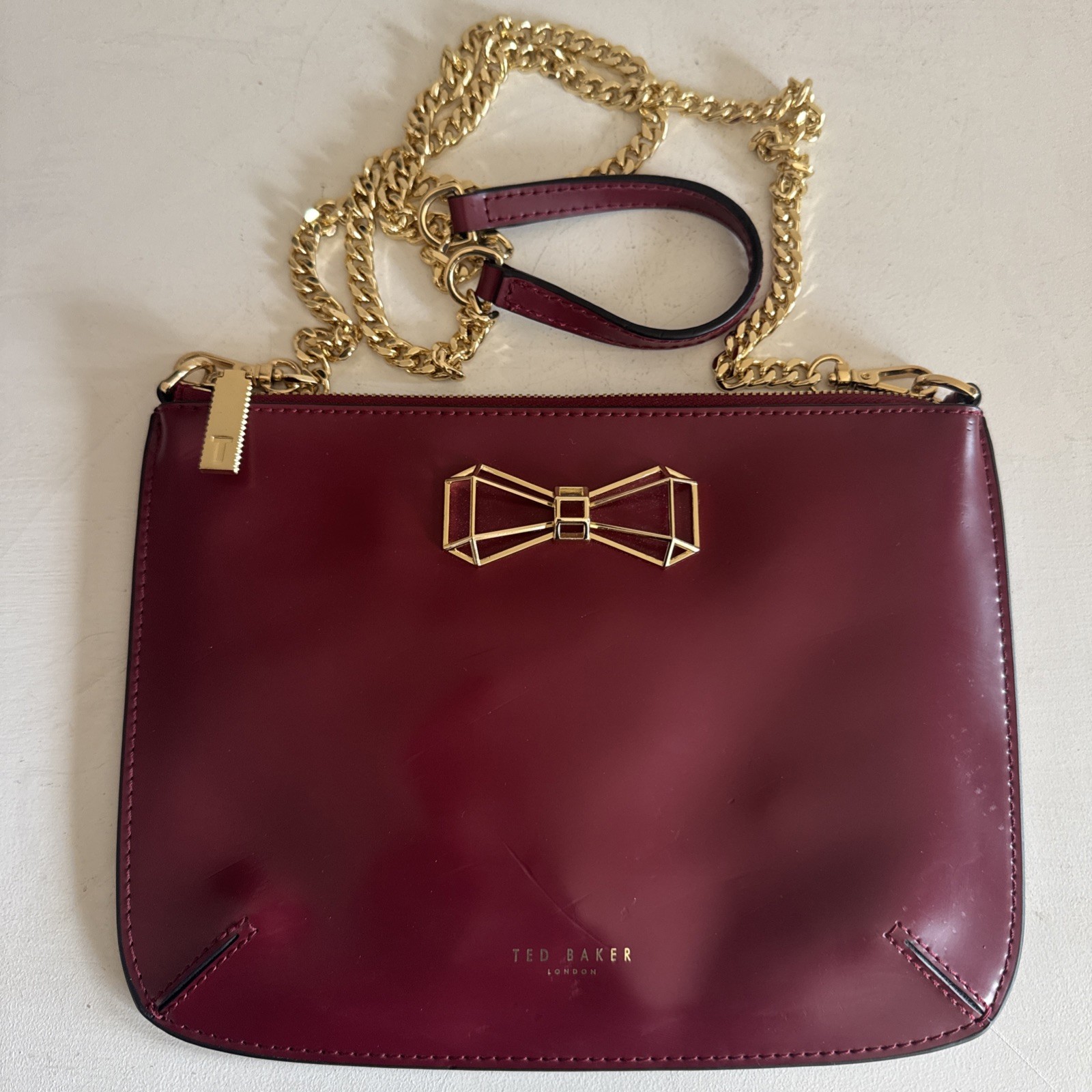 Ted Baker GRETAA Geometric Bow Leather Crossbody Oxblood Red Maroon Gold Strap image 5