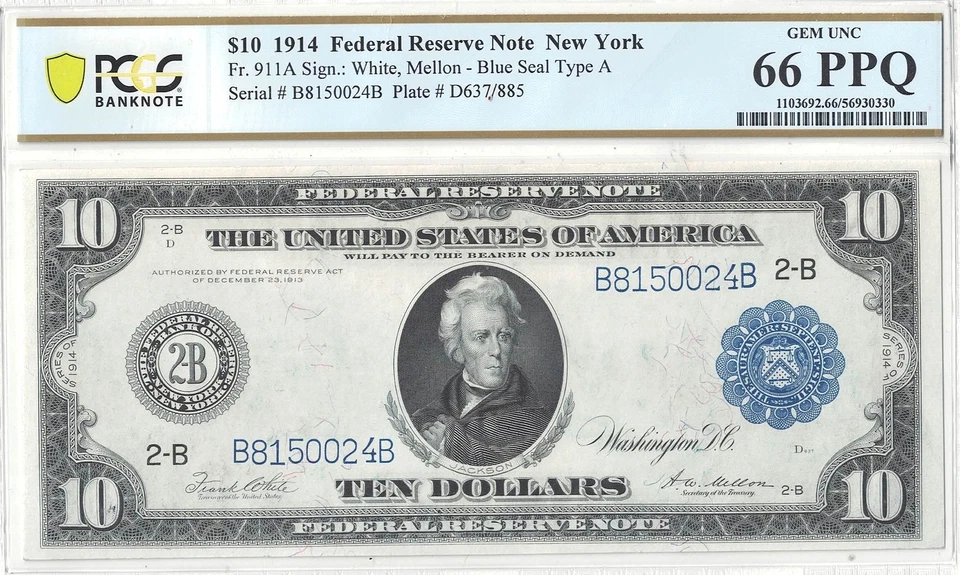 1914 $10 Federal Reserve Note Fr-911a PCGS Gem CU-66 PPQ - Image 2 of 3
