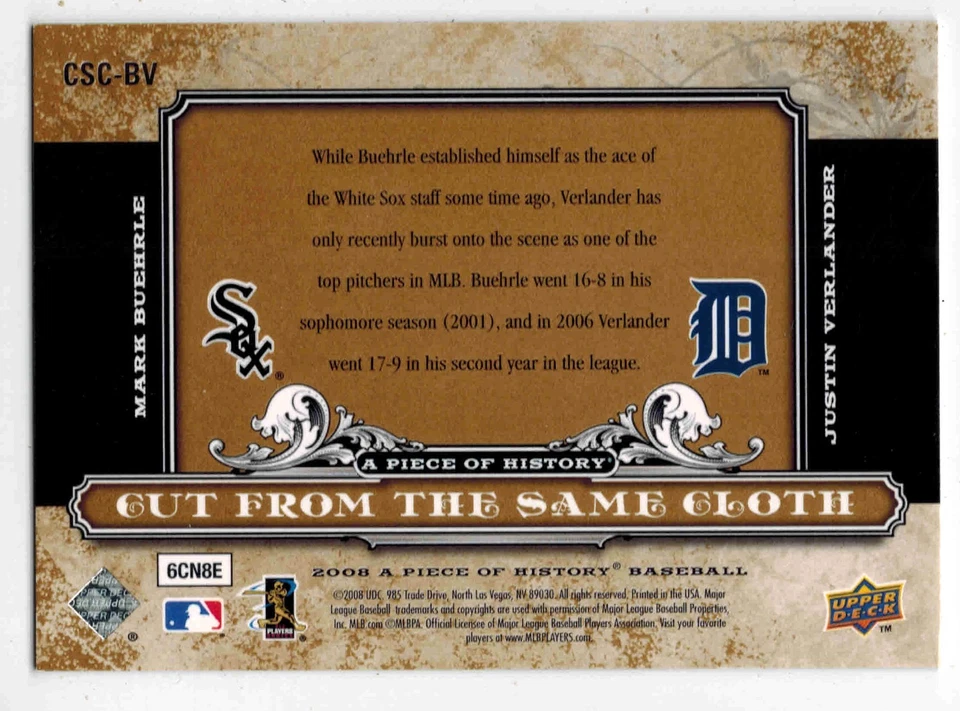2008 UD A Piece of History CUT FROM THE SAME CLOTH #BV (M.Buehrle & J.Verlander) - Image 2 of 2