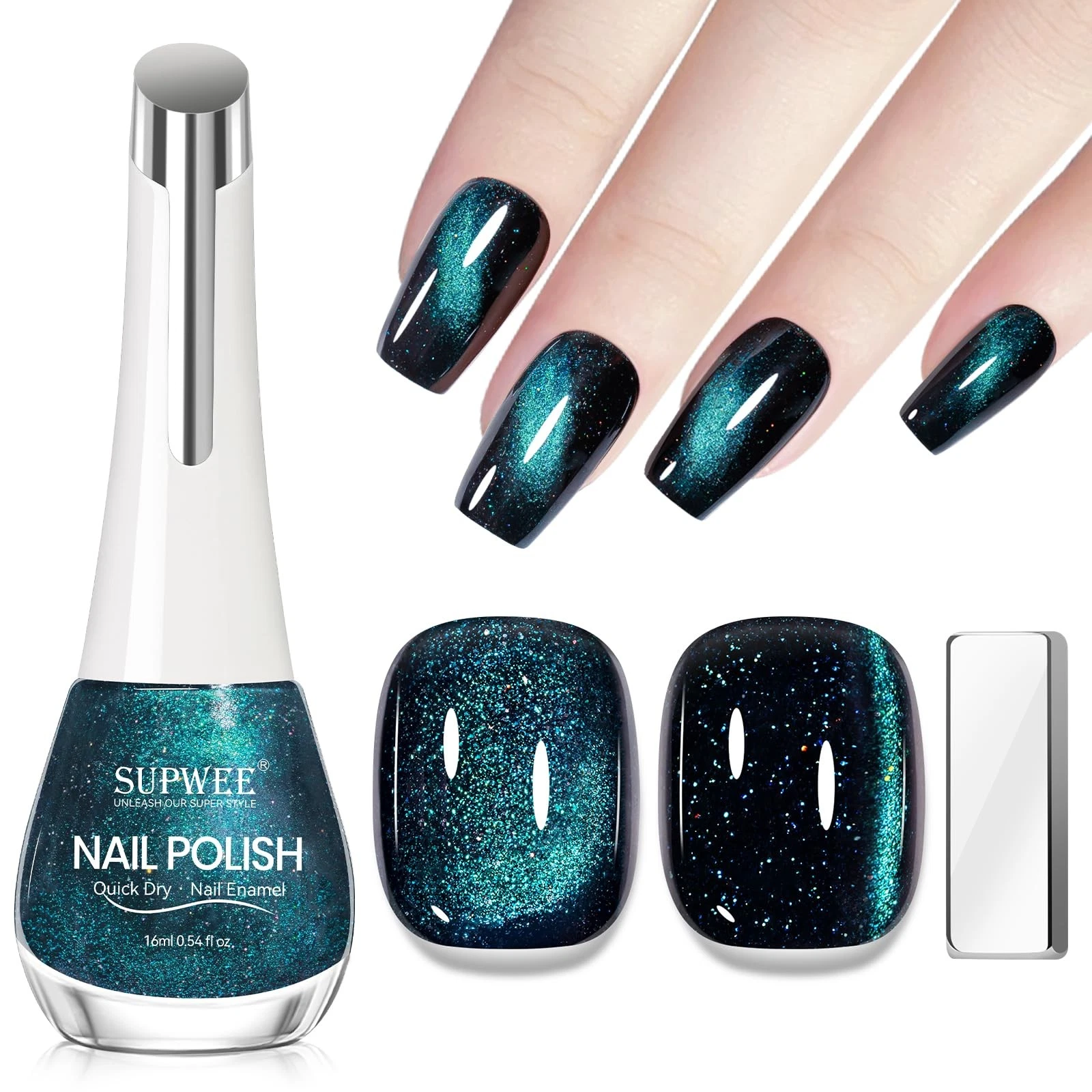 16ML Cat Eye Nail Polish No UV, Glitter Green Magnetic Nail Polish No UV Quick D...