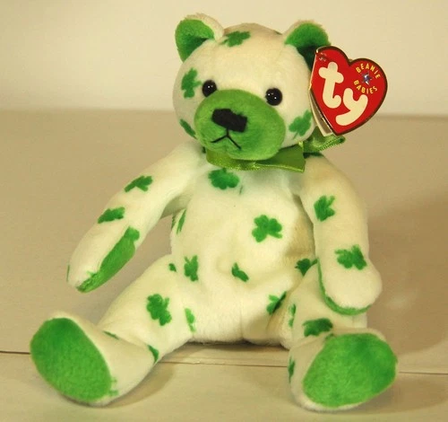 Vtg 2001“CLOVER” TY Beanie Baby St. Patrick’s Day Irish Bear ~ Green Shamrocks