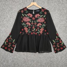 American Eagle Blouse Womens M Black Floral Embroidered Tunic Bell Sleeve