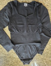 OQQ Black One Piece Long Sleeve Women's Bodysuit Size XL Solid Opaque