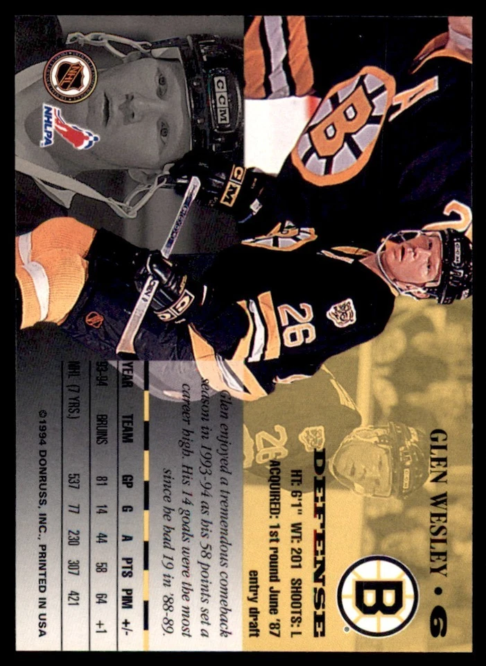 1994-95 Leaf #6 Glen Wesley Bruins - Image 2 of 2