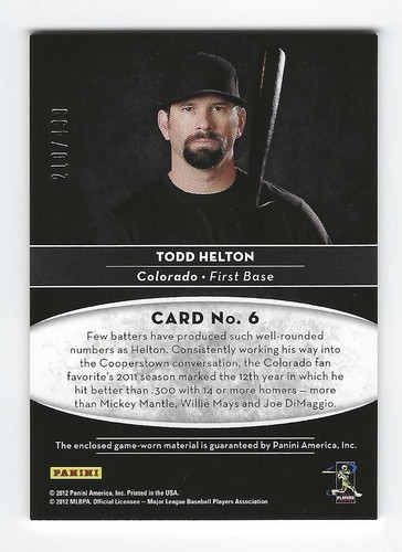 Todd Helton, #/499 Game-Used Patch, 2011 Panini Limited Materials #6, HOF - Picture 2 of 2