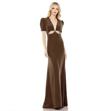 Mac Duggal Women's 8 Brown Solid V-Neck Cut Out Puff Sleeve Long Maxi Dress