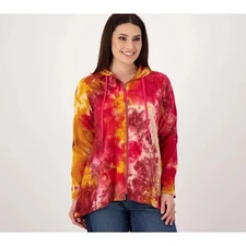 LOGO by Lori Goldstein Lounge Brushed Sweaterknit Tie Dye Hoodie Barberry 2X New