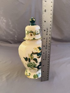 Masons Ironstone Green Chartreuse Octagonal Jar w/ Lid. Made In England. Chipped