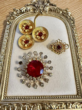 Vintage Gold Tone Brooch  Pin Mixed Lot 3 Red  Clear Rhinestone Crystal